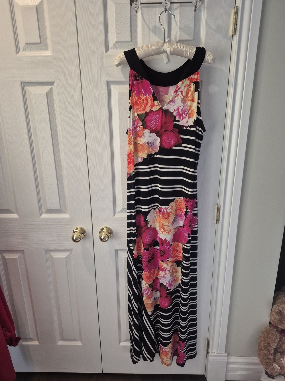 Joseph Ribkoff Floral Stripe Maxi Dress Size 18 Pink Black - Picture 2 of 8